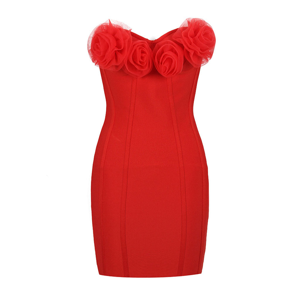 Sexy Rosette Detail Sweetheart Neck Bodycon Bandage Mini Tube Dress