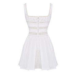 Sexy Ruched Tie Front Square Neck Suspender Strap Lace Trim Mini SunDress