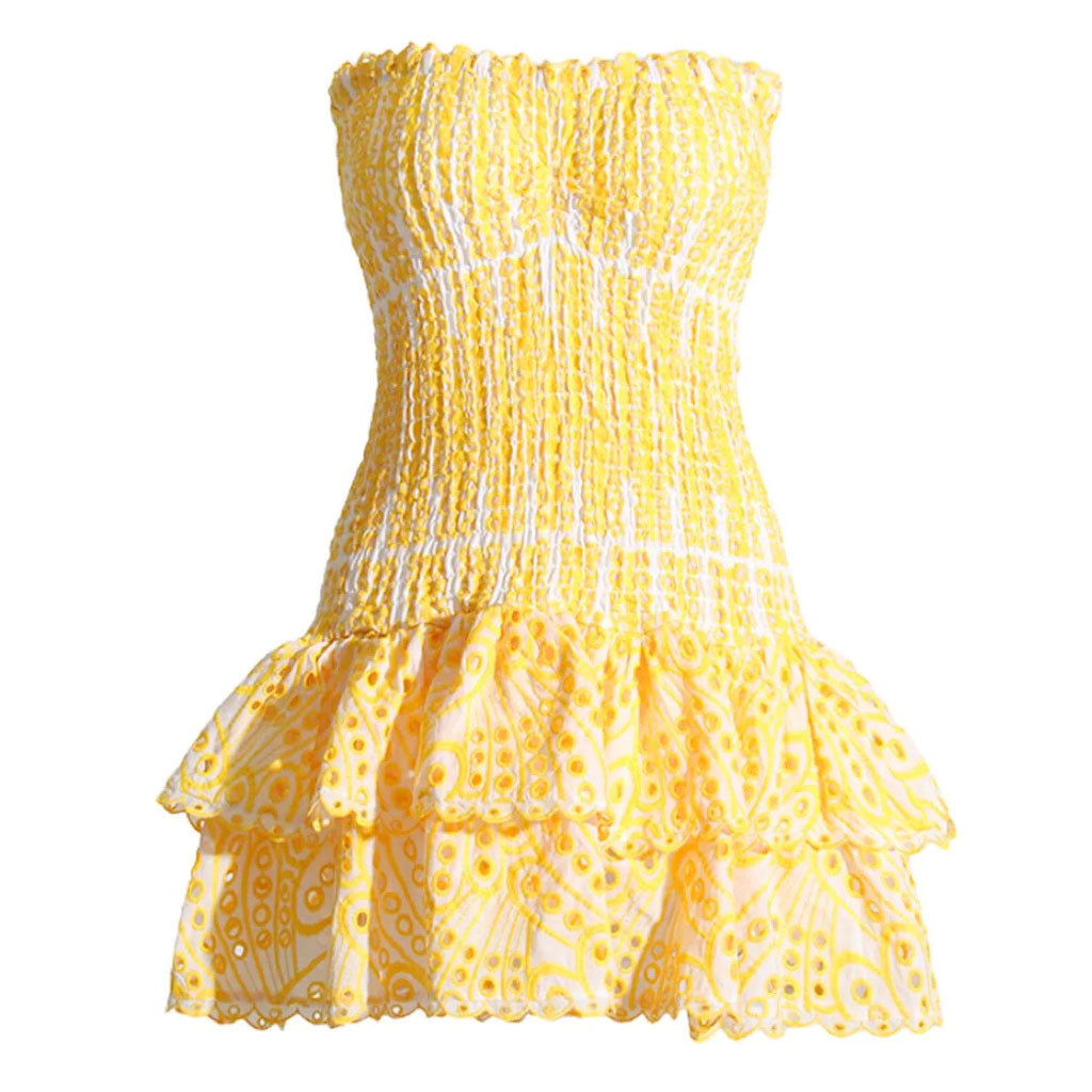 Sexy Scalloped Strapless Smocked Broderie Anglaise Tiered Ruffled Mini Dress