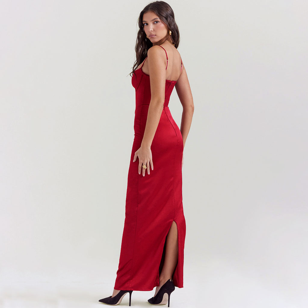 Sexy ärmelloses Maxikleid mit gewelltem Herzausschnitt und hoher Taille, glänzendem Satin-Korsett