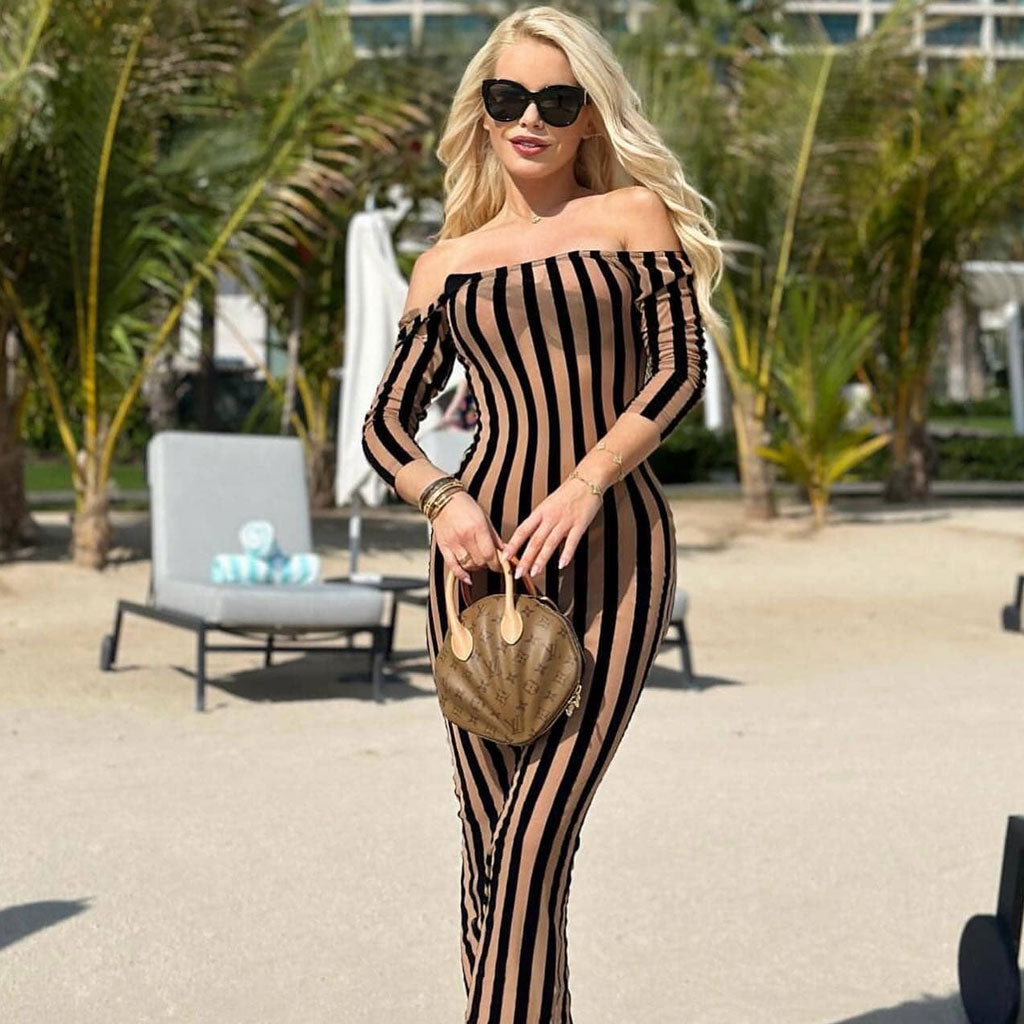 Sexy Scoop Neck Open Back Long Sleeve Vertical Stripe Sheer Mesh Midi Dress