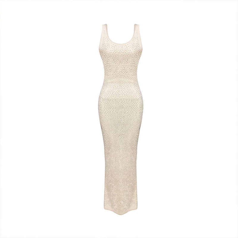 Sexy Sequin Embellished Sleeveless Backless Mesh Maxi Dress - Beige