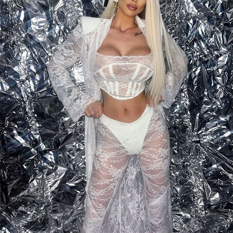 Sexy Duster-Jacke aus transparenter Spitze, ärmelloses Korsett, hohe Taille, Schlaghose, passendes Set