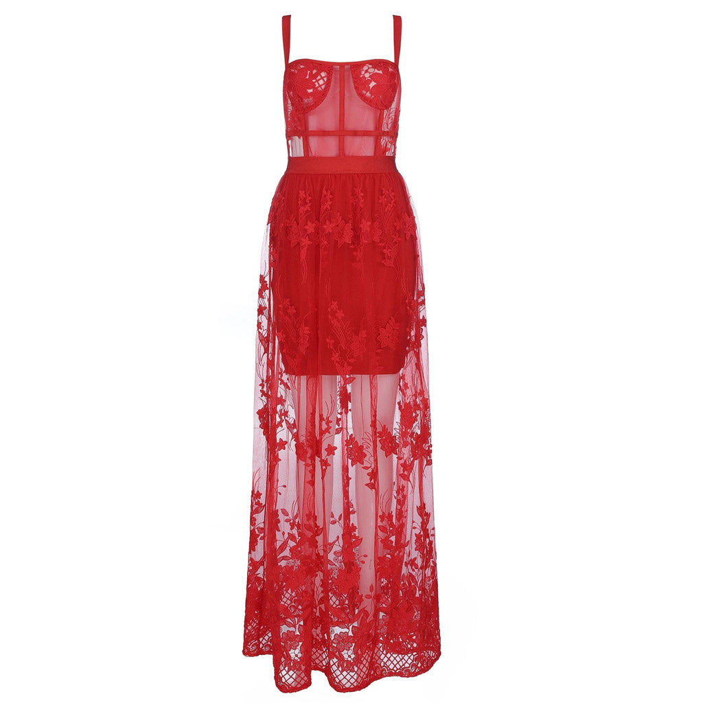 Sexy Transparentes Mesh-Bandage-Maxikleid mit Blumenstickerei - Rot