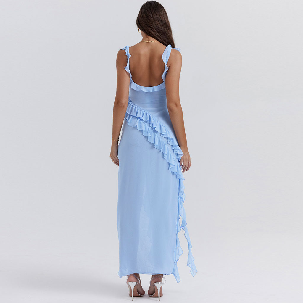 Sexy Sweetheart Neck Draped Ruffle Strap Split Sleeveless Maxi Evening Dress