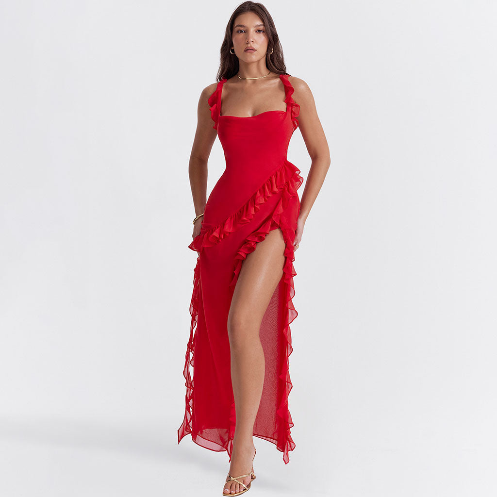 Robe de soirée longue sexy à volants et décolleté en cœur avec bretelles fendues sans manches