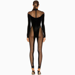 Sexy Turtleneck Sheer Mesh Long Sleeve Velvet Jumpsuit - Black