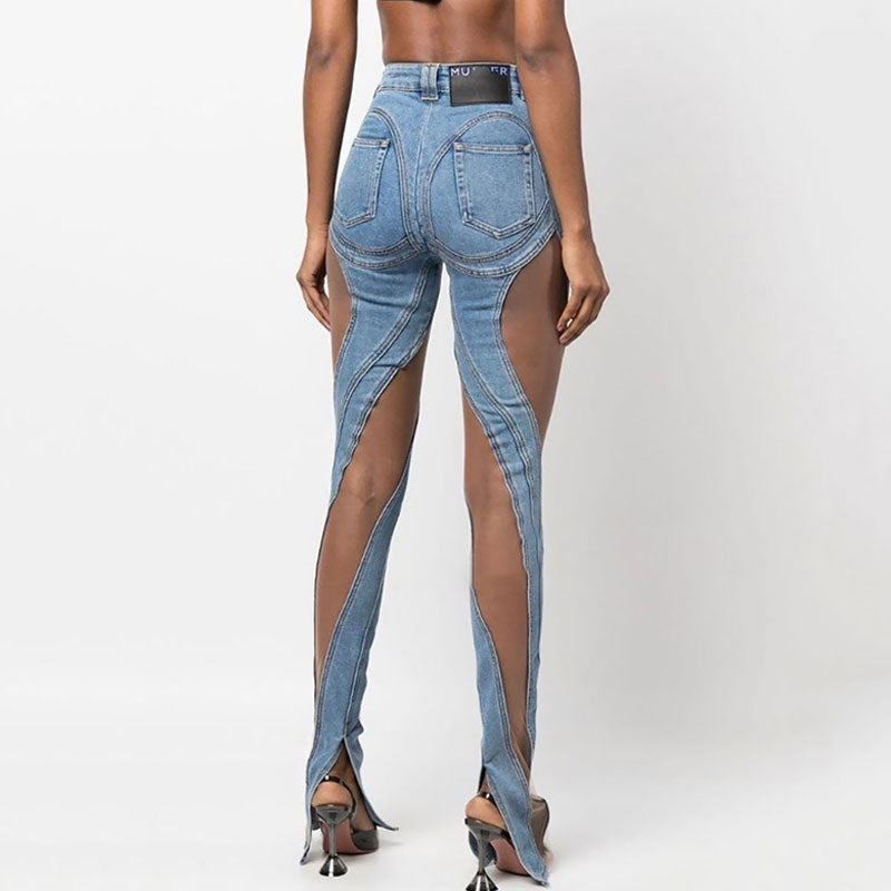 – Hoch sitzende Skinny-Jeans mit transparentem Netzeinsatz und Seitenschlitz - Blau