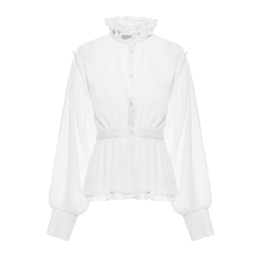 Sheer Ruffled High Neck Puff Sleeve Button Down Pleated Peplum Blouse