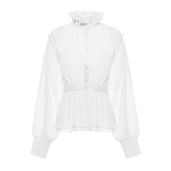 Sheer Ruffled High Neck Puff Sleeve Button Down Pleated Peplum Blouse