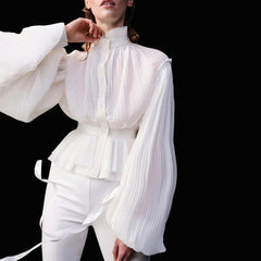 Sheer Ruffled High Neck Puff Sleeve Button Down Pleated Peplum Blouse