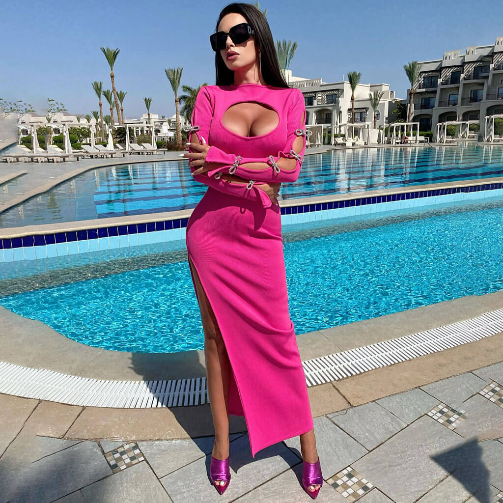 Shimmer Crystal Bow CutOut Long Sleeve Rib Knit High Split Maxi Bandage Dress