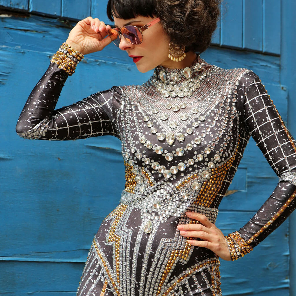 Shimmer Rhinestone Baroque Geo Print High Neck Long Sleeve Skinny Unitard Jumpsuit