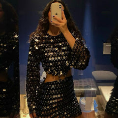 Shimmer Sequin Mesh Embellished O Ring CutOut Bell Sleeve Mini Club Dress