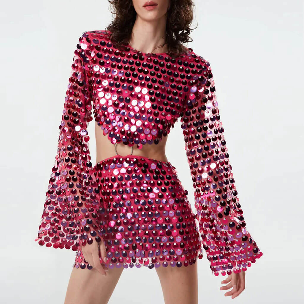 Shimmer Sequin Mesh Embellished O Ring CutOut Bell Sleeve Mini Club Dress