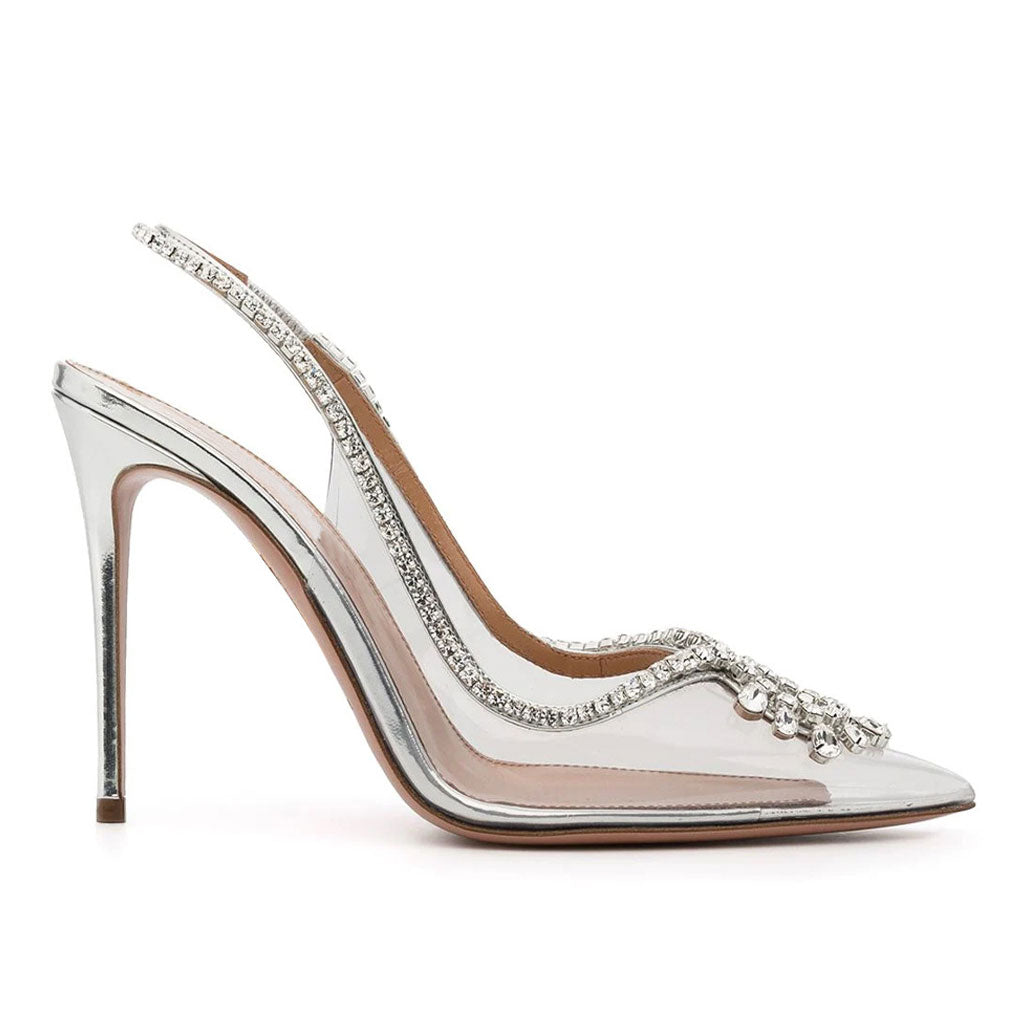 Shiny Crystal Detail Pointed Toe Stiletto PVC SlingBack Pumps - Silver