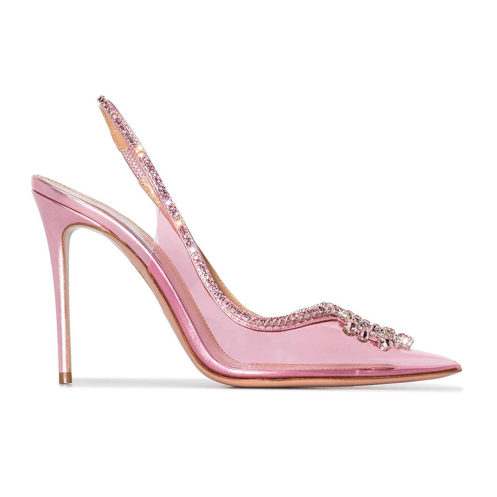 Shiny Crystal Detail Pointed Toe Stiletto PVC SlingBack Pumps - Pink