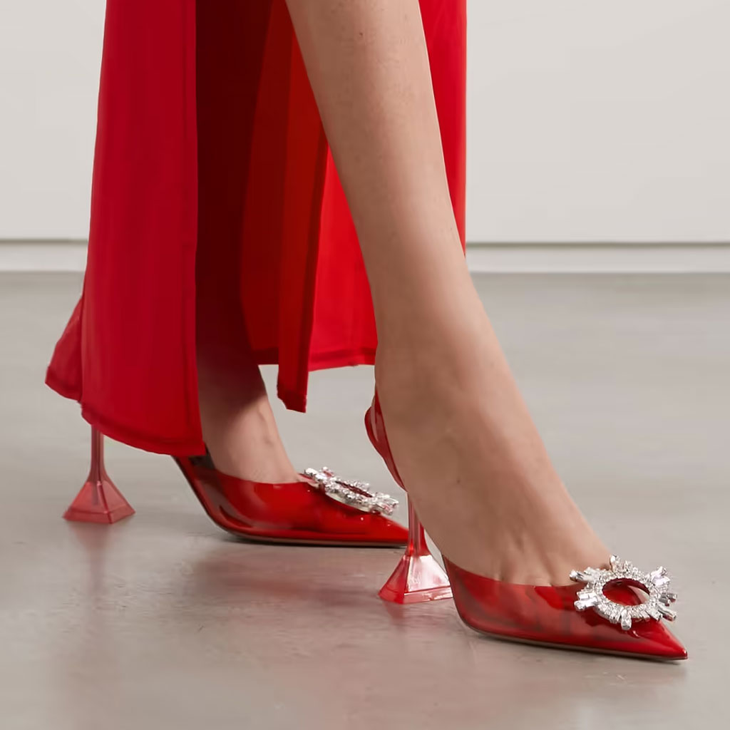 Glänzende, Kristallverzierte Slingback-Pumps mit transparentem Martini-Absatz - Rot