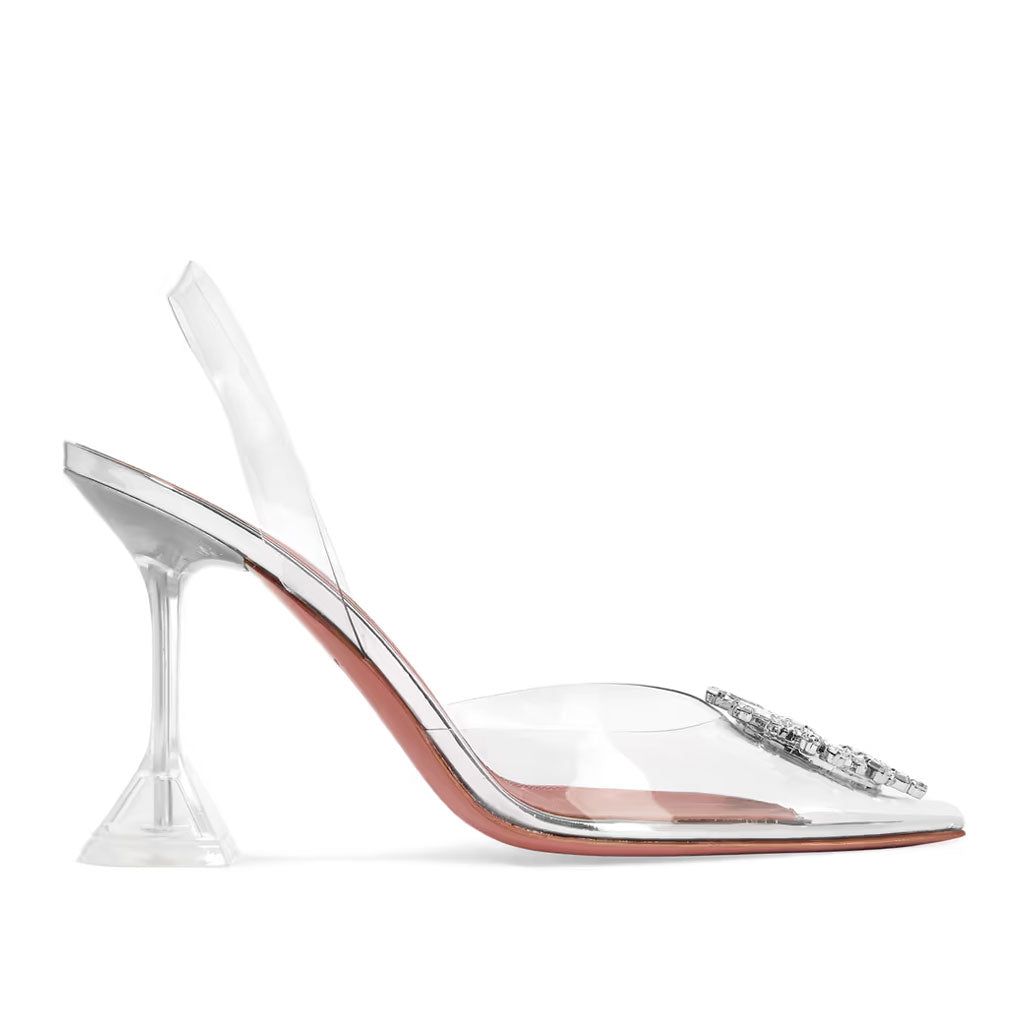 Glänzende, Kristallverzierte Slingback-Pumps mit transparentem Martini-Absatz - Silber