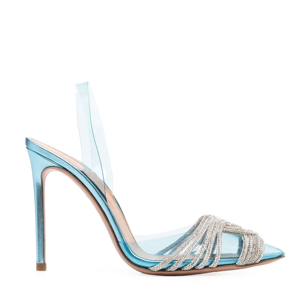 Glänzende, Kristallverzierte Slingback-Pumps Aus Transparentem PVC Mit Stilettoabsatz - Blau