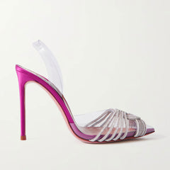 Glänzende, mit Kristallen verzierte, transparente PVC-Stiletto-Slingback-Pumps - Fuchsia