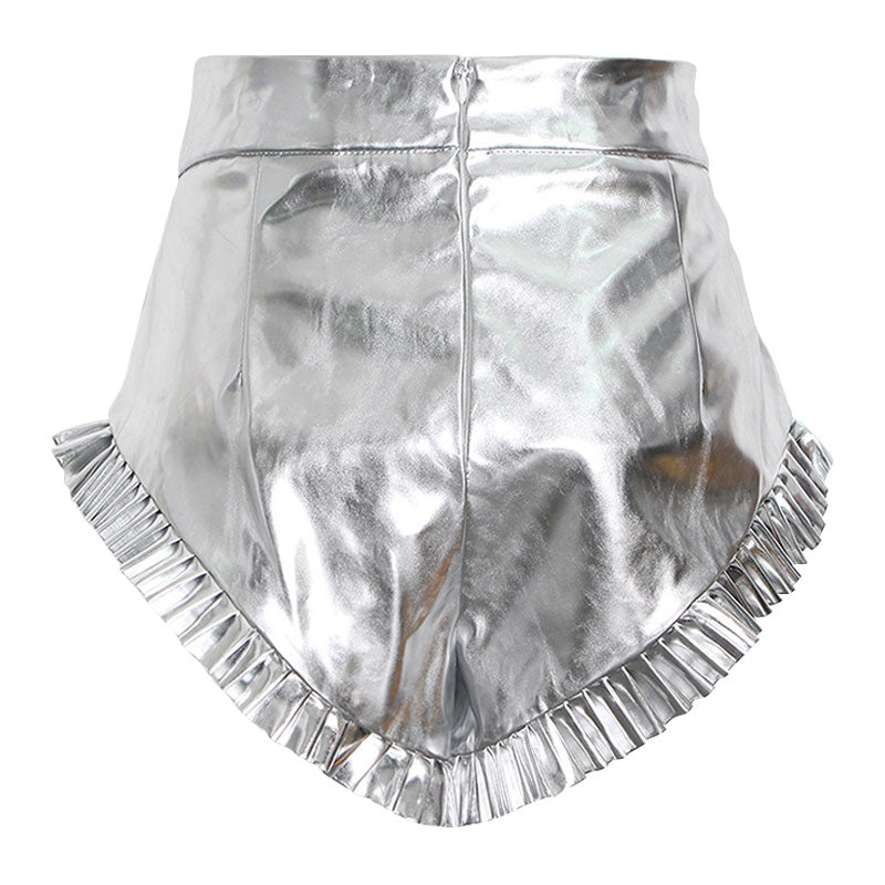 Shiny Ruffle Trim High Waist Vegan Leather Micro Booty Shorts