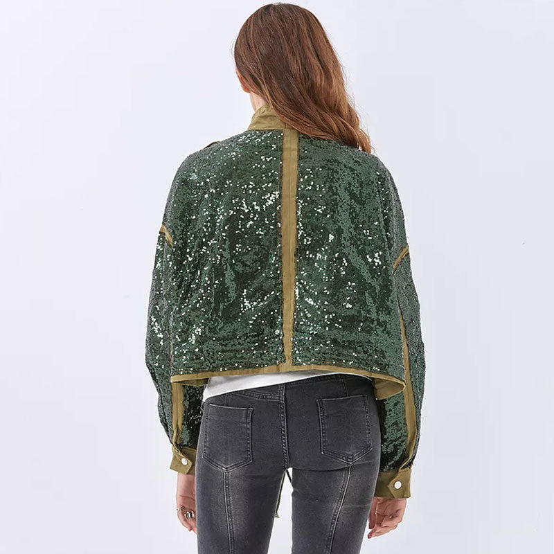 Shiny Sequin Strappy Stand Collar Drawstring Oversized Cropped Jacket - Green