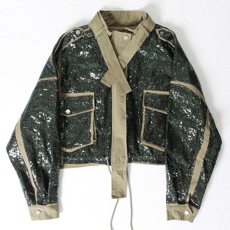 Veste courte surdimensionnée à bretelles et cordon de serrage avec col montant et sequins brillants - Vert