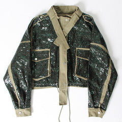 Shiny Sequin Strappy Stand Collar Drawstring Oversized Cropped Jacket - Green