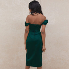 Silky Satin Off Shoulder High Slit Drape Corset Midi Dress - Emerald Green