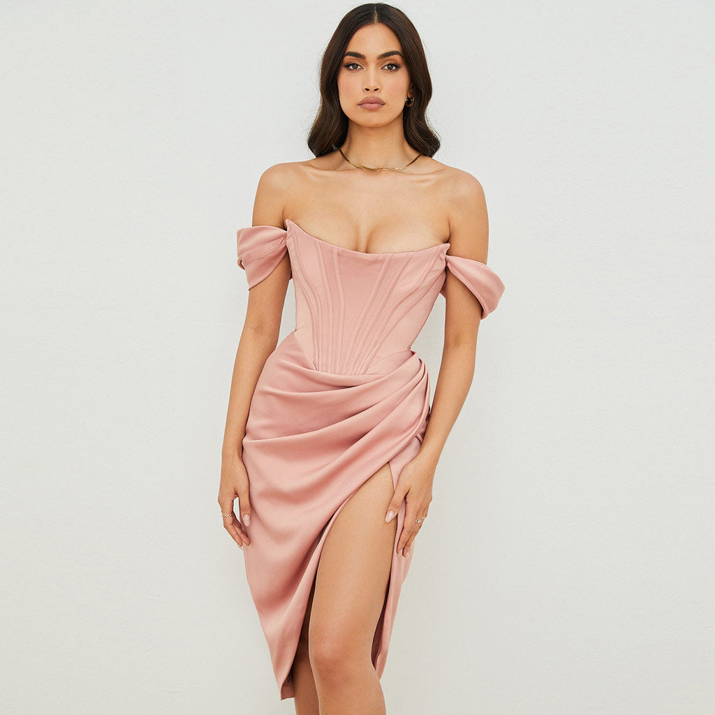 Silky Satin Off Shoulder High Slit Drape Corset Midi Dress - Pink