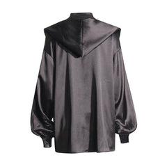 Silky Stand Collar Tie Neck Hooded Lantern Sleeve Oversized Satin Shirt