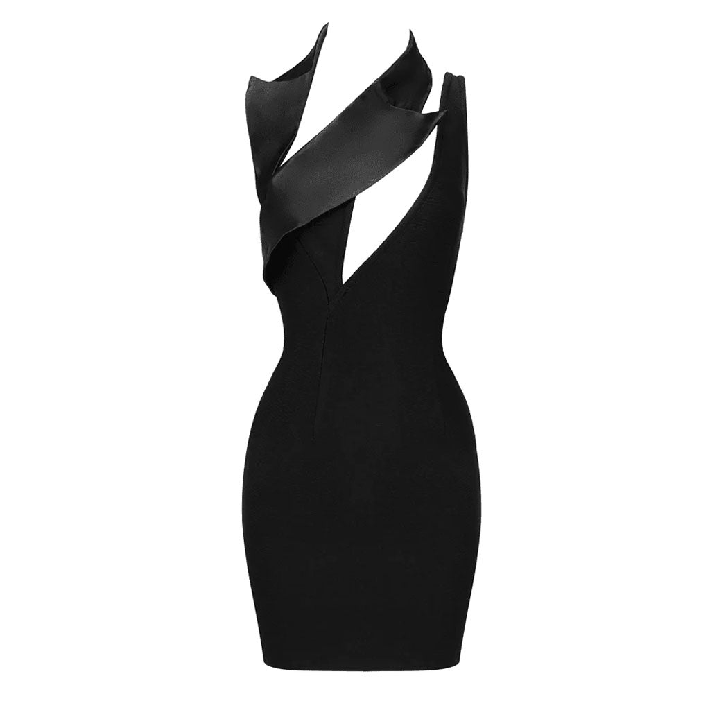 Singular Lapel Halter Neck Split CutOut Sleeveless Bodycon Mini Bandage Dress