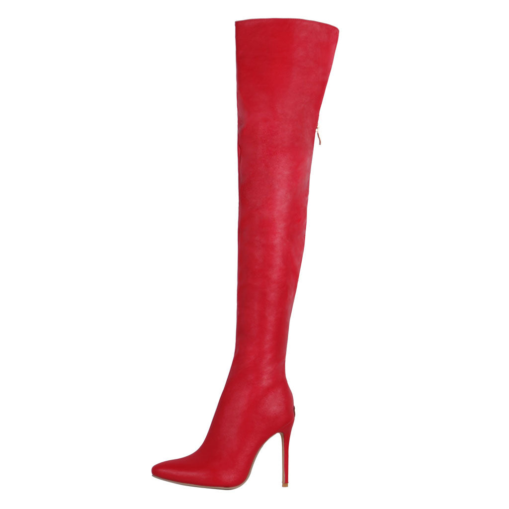 Sleek Pointed Toe Faux Leather Over Knee Stiletto Boots - Red