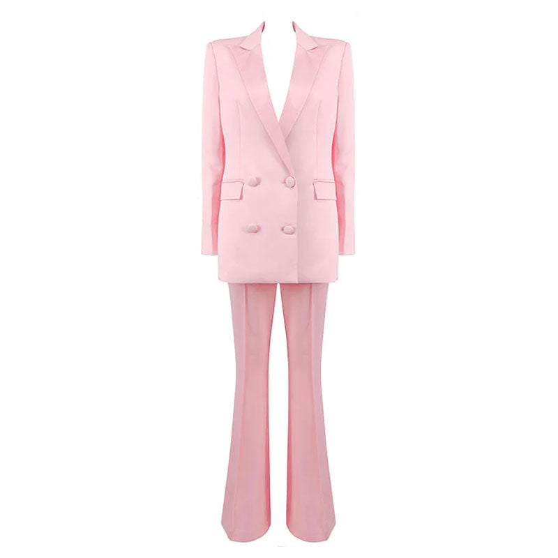 Ensemble blazer croisé à empiècements en satin élégant et pantalon évasé assorti - Rose