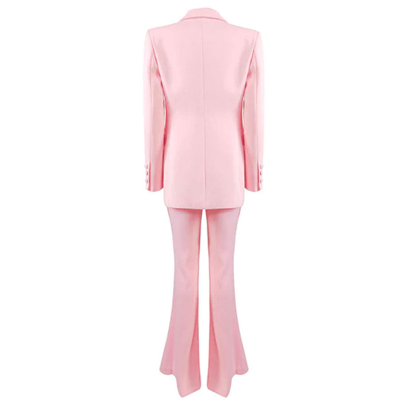 Elegantes Zweireiher-Blazer-Set mit Schlaghose und Satin-Einsatz - Rosa