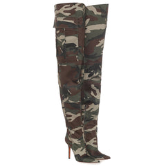 Bottes à talons aiguilles à imprimé camouflage souples au-dessus du genou - Vert militaire