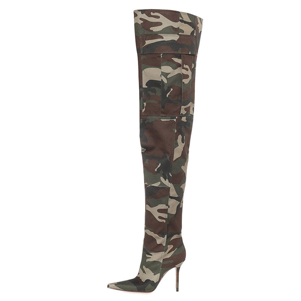 Bottes à talons aiguilles à imprimé camouflage souples au-dessus du genou - Vert militaire