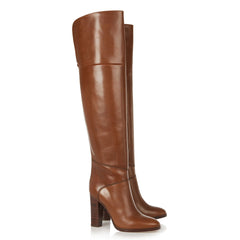 Slouchy Round Toe Block Heel Faux Leather Over Knee Boots - Brown