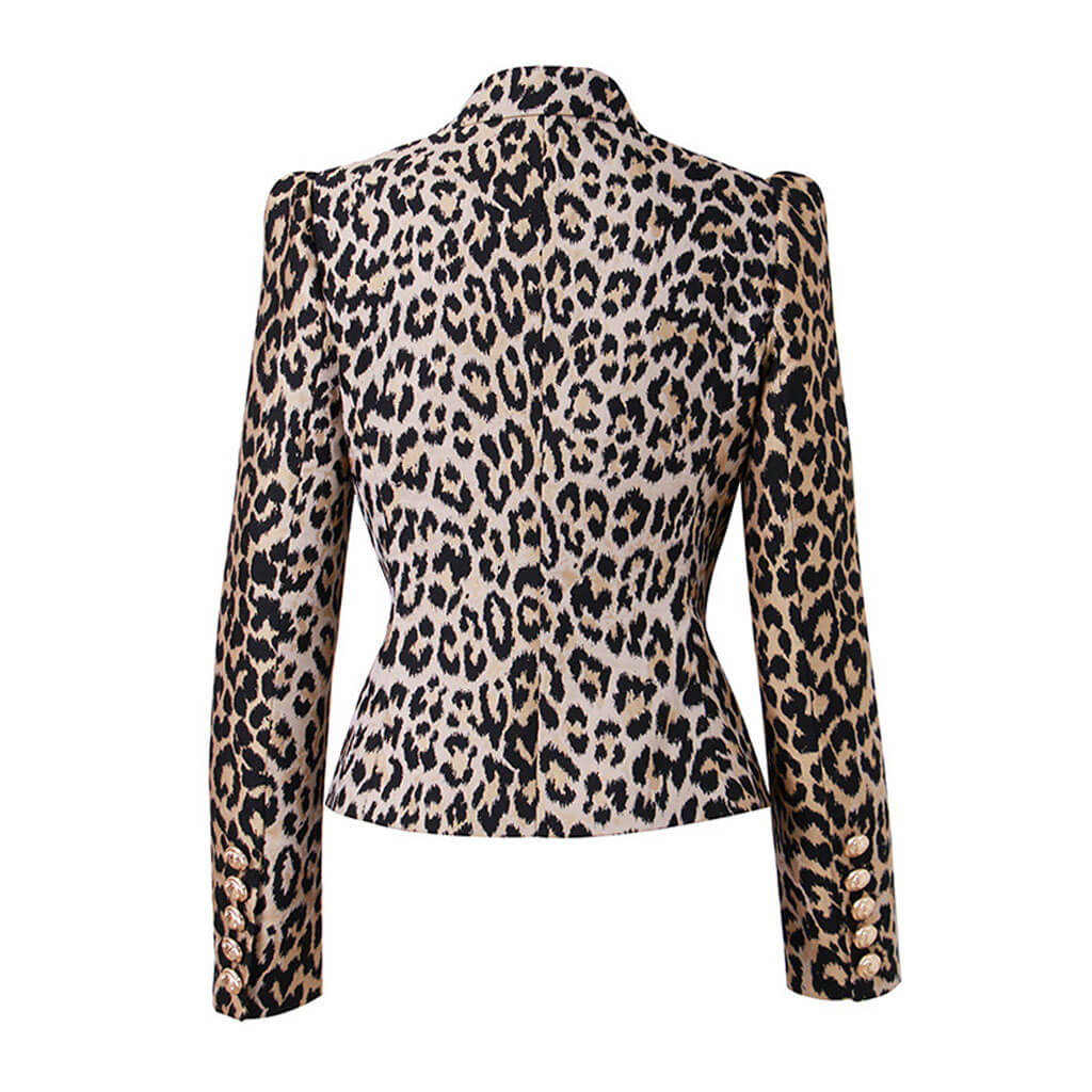 Smart Gold Toned Button Leopard Print Peak Lapel Double Breasted Tailored Blazer