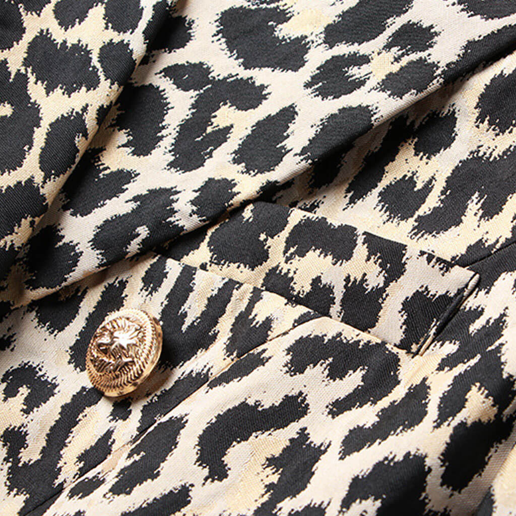 Smart Gold Toned Button Leopard Print Peak Lapel Double Breasted Tailored Blazer