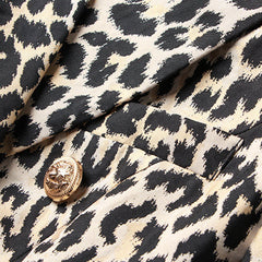 Smart Gold Toned Button Leopard Print Peak Lapel Double Breasted Tailored Blazer