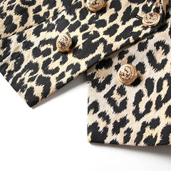 Smart Gold Toned Button Leopard Print Peak Lapel Double Breasted Tailored Blazer