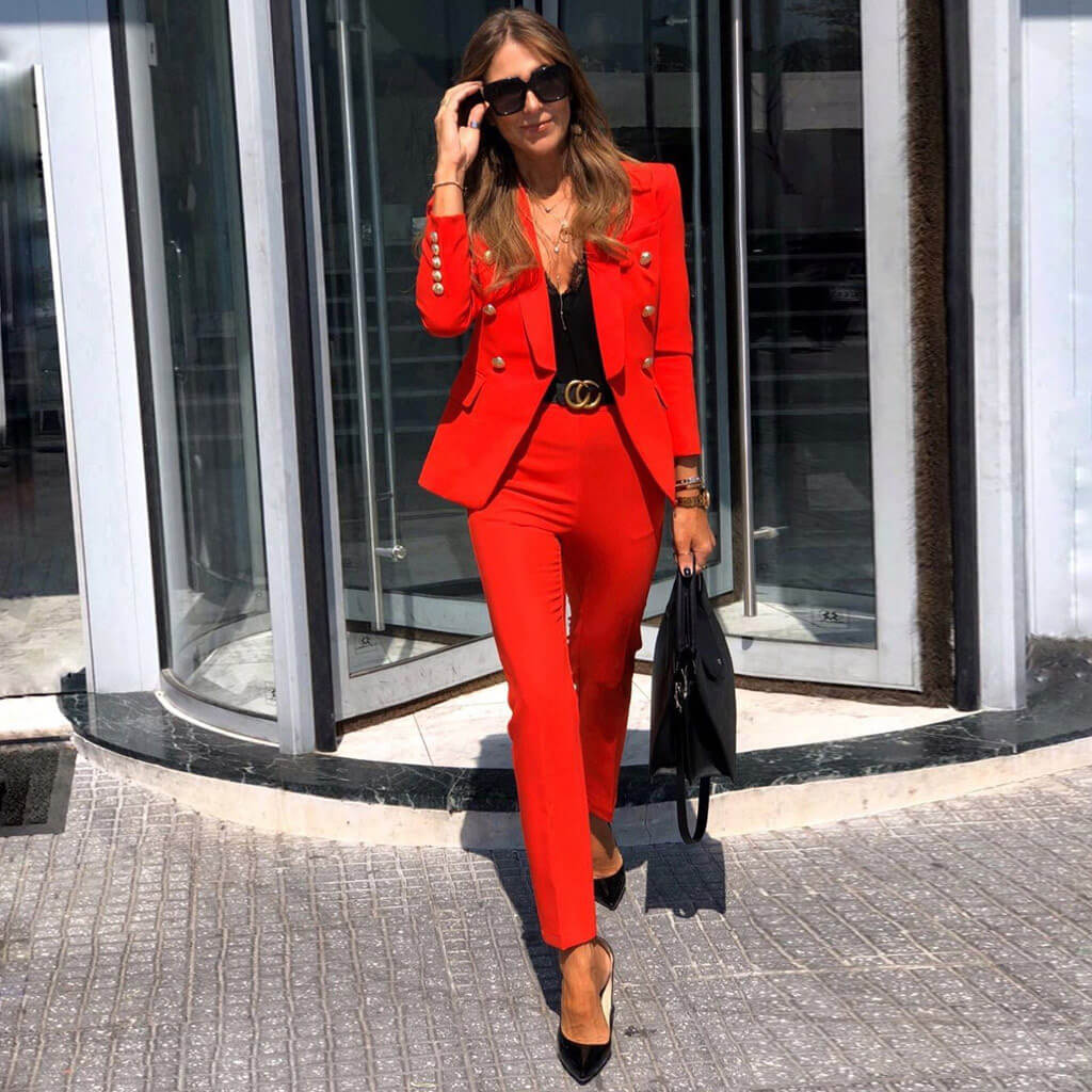 Ensemble assorti blazer boutonné à manches longues et taille haute - Rouge