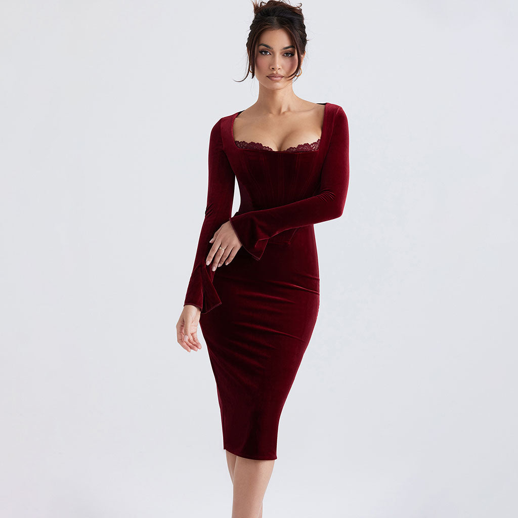 Sophisticated Lace Trim Square Neck Long Sleeve Bodycon Velvet Corset Midi Dress