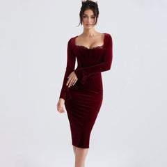 Sophisticated Lace Trim Square Neck Long Sleeve Bodycon Velvet Corset Midi Dress