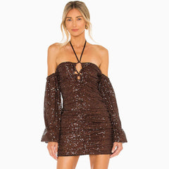 Sparkly Balloon Sleeve Halter Neck Sequin Mini Dress - Coffee