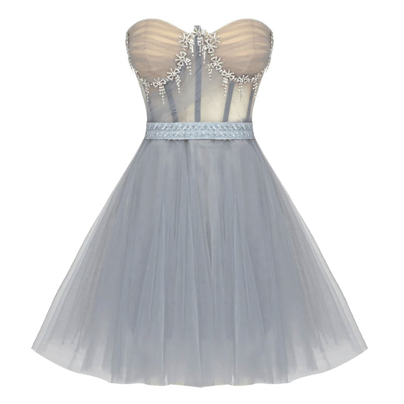 Robe mini en tulle semi-transparente à nœud papillon scintillant et cristaux, sans bretelles