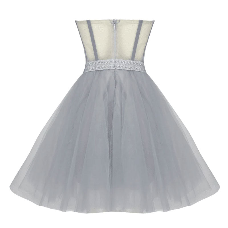 Robe mini en tulle semi-transparente à nœud papillon scintillant et cristaux, sans bretelles