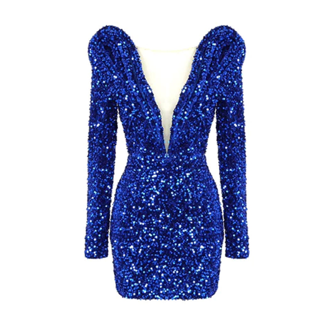 Robe courte à paillettes et col plongeant à paillettes et manches longues - Bleu royal